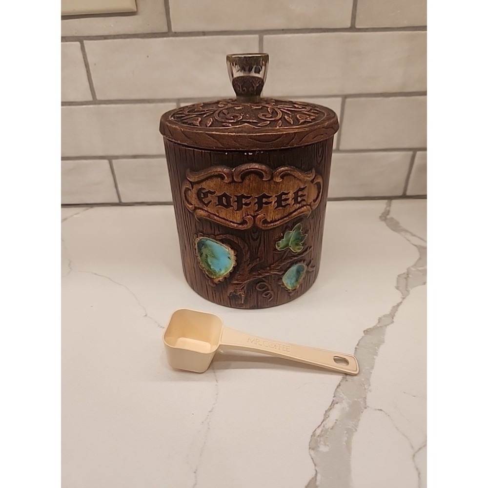 Vintage Treasure Craft Ceramic Green Apple Canister Coffee Storage With A Scoop